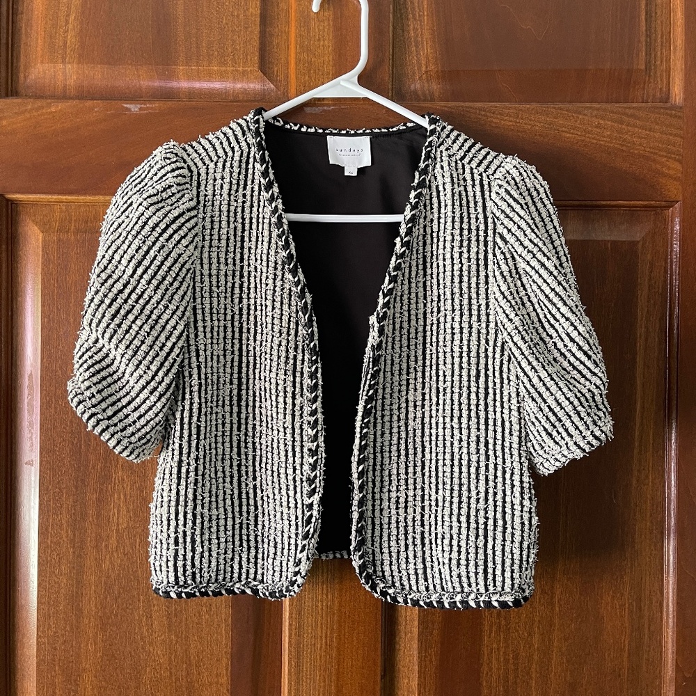 Sundays Black White Tweed Short Sleeve Jacket XS